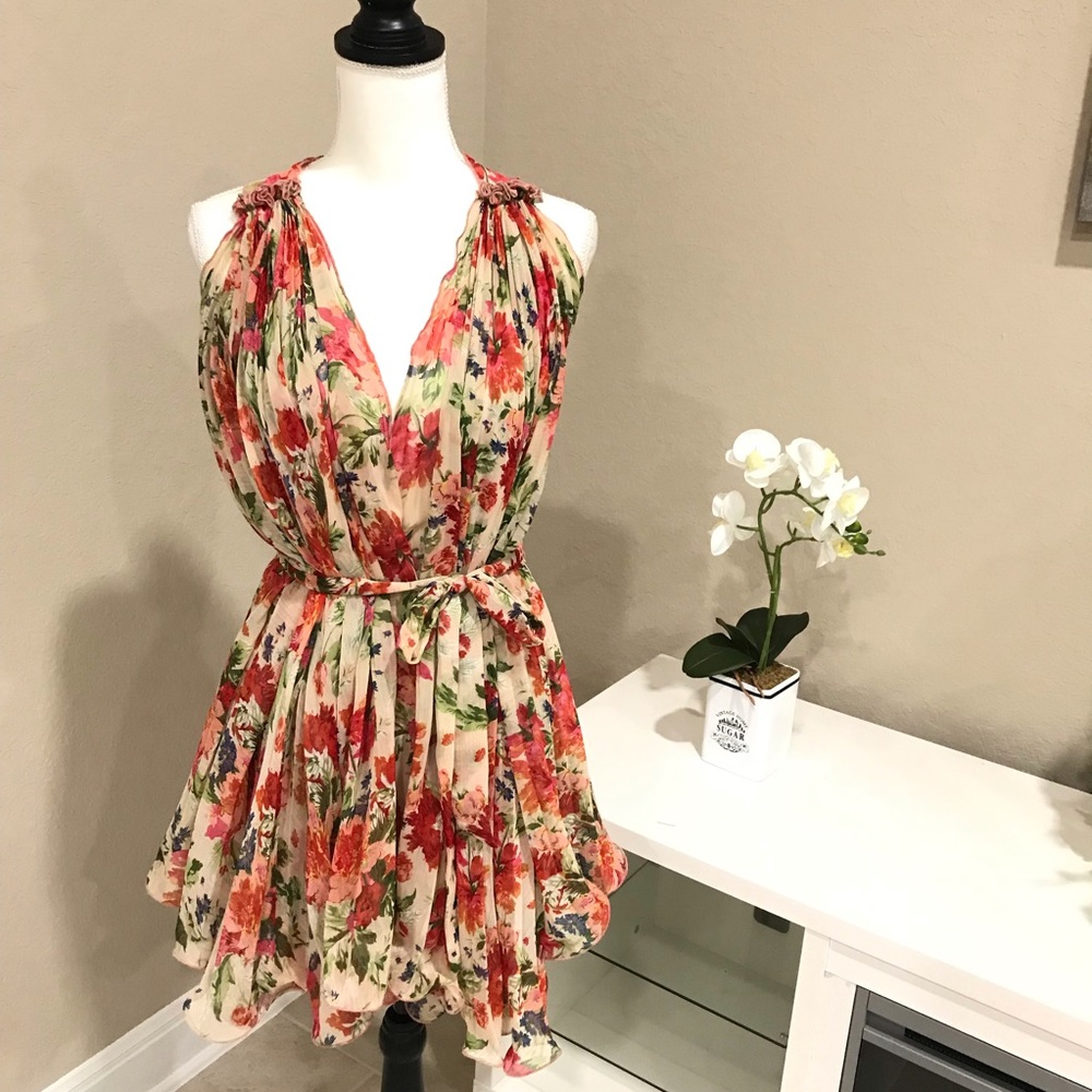 Pleated Sheer Floral Tent Dress with Belt